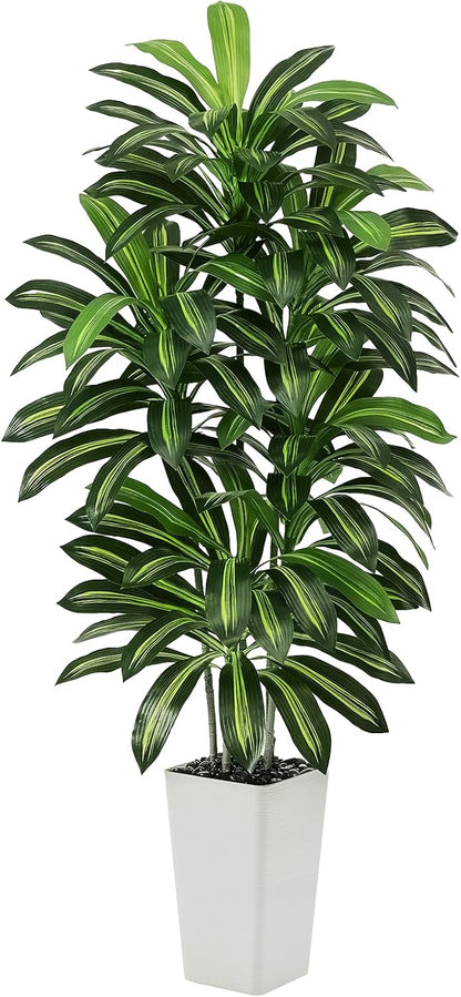 Artificial Dracaena Tree - 5FT Tall Fake Plants with White Tall Planter - Artificial Plants Indoor Floor Plant in Pot - Large Tropical Fake Yucca Potted Tree for Home Office Living Room Decor