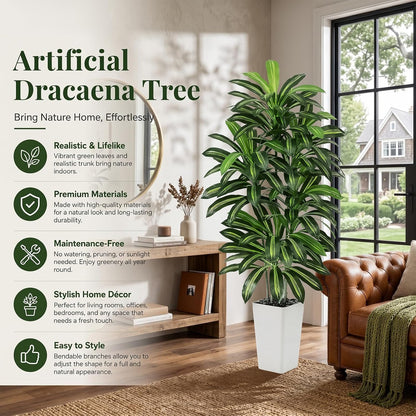 Artificial Dracaena Tree - 5FT Tall Fake Plants with White Tall Planter - Artificial Plants Indoor Floor Plant in Pot - Large Tropical Fake Yucca Potted Tree for Home Office Living Room Decor