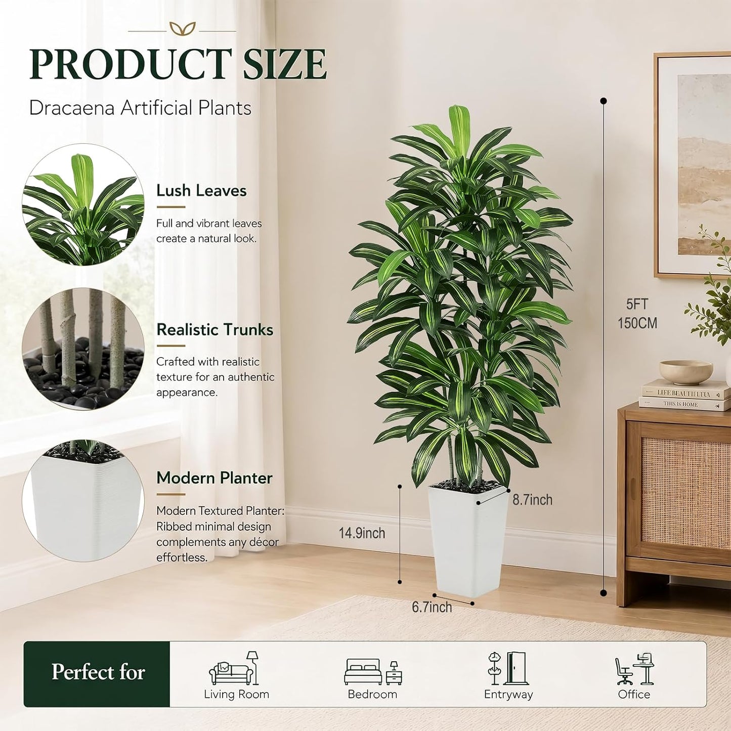 Artificial Dracaena Tree - 5FT Tall Fake Plants with White Tall Planter - Artificial Plants Indoor Floor Plant in Pot - Large Tropical Fake Yucca Potted Tree for Home Office Living Room Decor