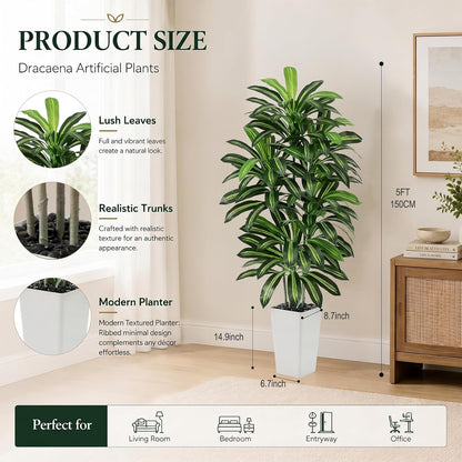 Artificial Dracaena Tree - 5FT Tall Fake Plants with White Tall Planter - Artificial Plants Indoor Floor Plant in Pot - Large Tropical Fake Yucca Potted Tree for Home Office Living Room Decor
