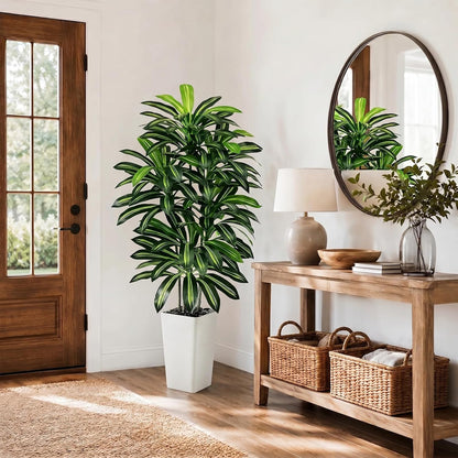 Artificial Dracaena Tree - 5FT Tall Fake Plants with White Tall Planter - Artificial Plants Indoor Floor Plant in Pot - Large Tropical Fake Yucca Potted Tree for Home Office Living Room Decor