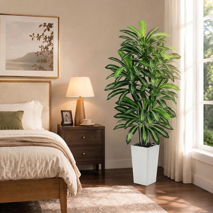 Artificial Dracaena Tree - 5FT Tall Fake Plants with White Tall Planter - Artificial Plants Indoor Floor Plant in Pot - Large Tropical Fake Yucca Potted Tree for Home Office Living Room Decor