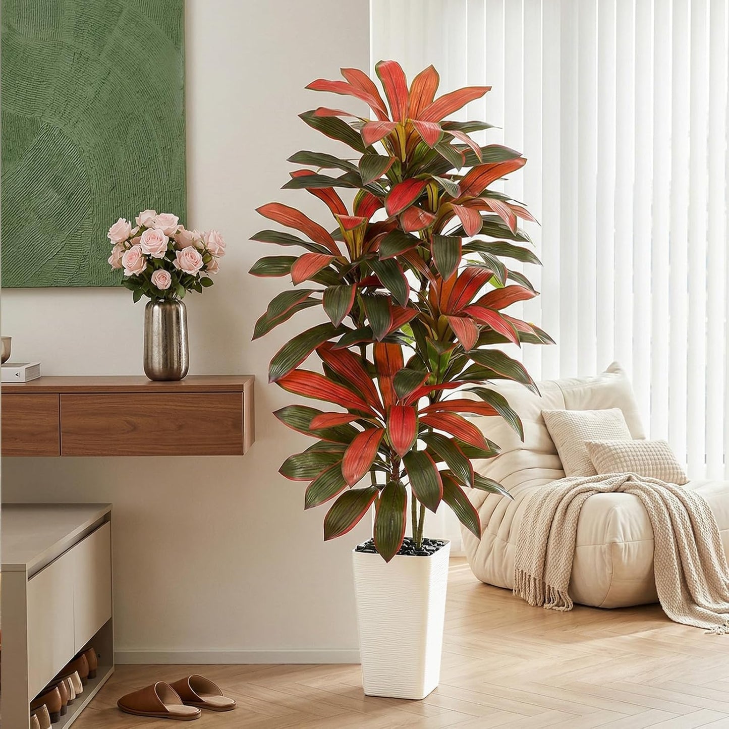 Artificial Dracaena Tree - 5FT Tall Fake Plants with White Tall Planter - Artificial Plants Indoor Floor Plant in Pot - Large Tropical Fake Yucca Potted Tree for Home Office Living Room Decor