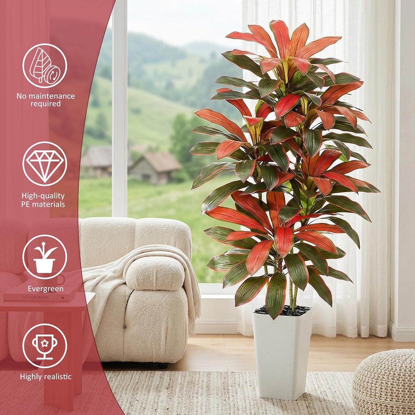 Artificial Dracaena Tree - 5FT Tall Fake Plants with White Tall Planter - Artificial Plants Indoor Floor Plant in Pot - Large Tropical Fake Yucca Potted Tree for Home Office Living Room Decor