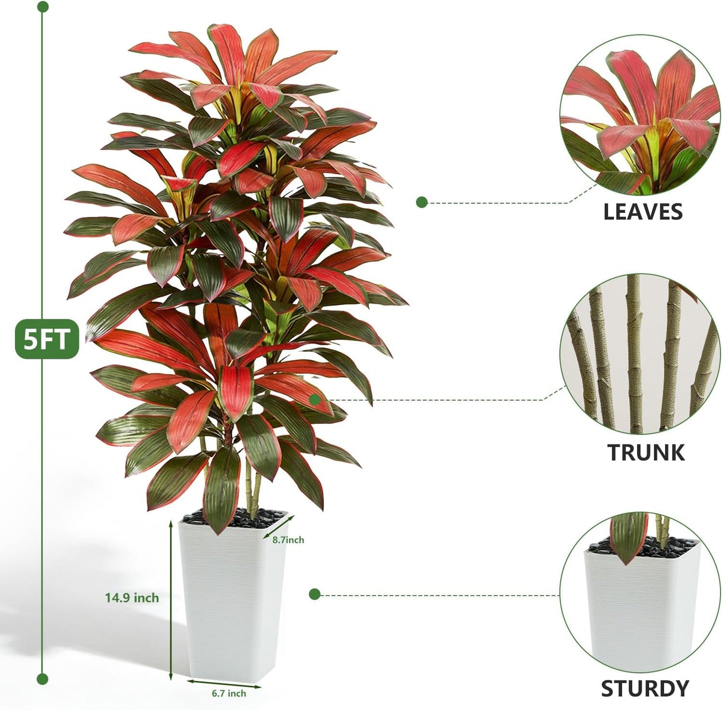 Artificial Dracaena Tree - 5FT Tall Fake Plants with White Tall Planter - Artificial Plants Indoor Floor Plant in Pot - Large Tropical Fake Yucca Potted Tree for Home Office Living Room Decor