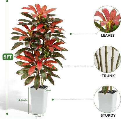 Artificial Dracaena Tree - 5FT Tall Fake Plants with White Tall Planter - Artificial Plants Indoor Floor Plant in Pot - Large Tropical Fake Yucca Potted Tree for Home Office Living Room Decor