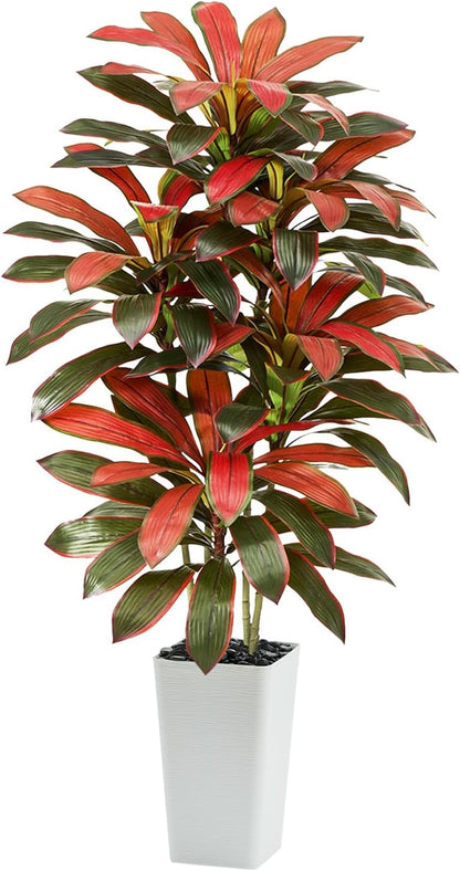 Artificial Dracaena Tree - 5FT Tall Fake Plants with White Tall Planter - Artificial Plants Indoor Floor Plant in Pot - Large Tropical Fake Yucca Potted Tree for Home Office Living Room Decor