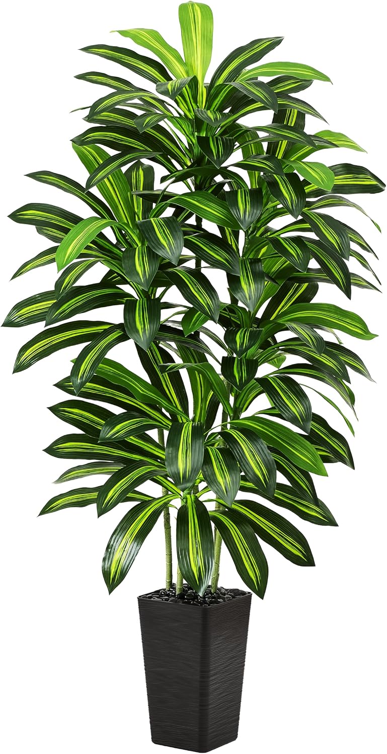 Artificial Dracaena Tree - 5FT Tall Fake Plants with White Tall Planter - Artificial Plants Indoor Floor Plant in Pot - Large Tropical Fake Yucca Potted Tree for Home Office Living Room Decor