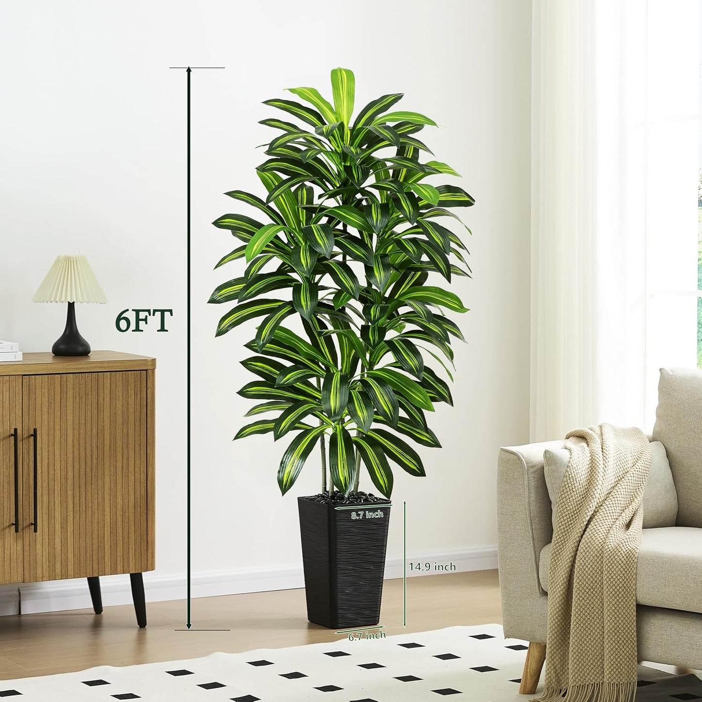 Artificial Dracaena Tree - 5FT Tall Fake Plants with White Tall Planter - Artificial Plants Indoor Floor Plant in Pot - Large Tropical Fake Yucca Potted Tree for Home Office Living Room Decor