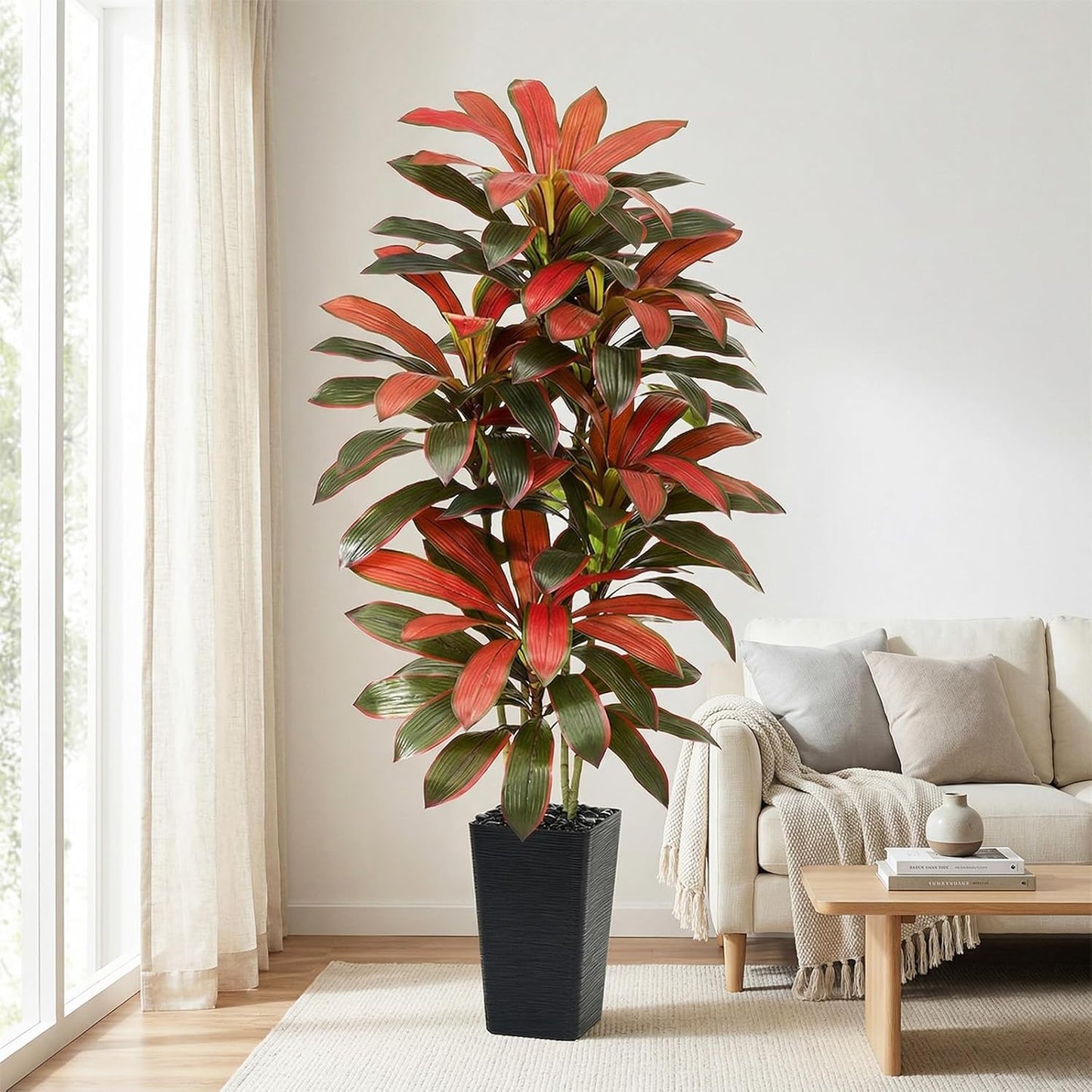 Artificial Dracaena Tree - 5FT Tall Fake Plants with White Tall Planter - Artificial Plants Indoor Floor Plant in Pot - Large Tropical Fake Yucca Potted Tree for Home Office Living Room Decor