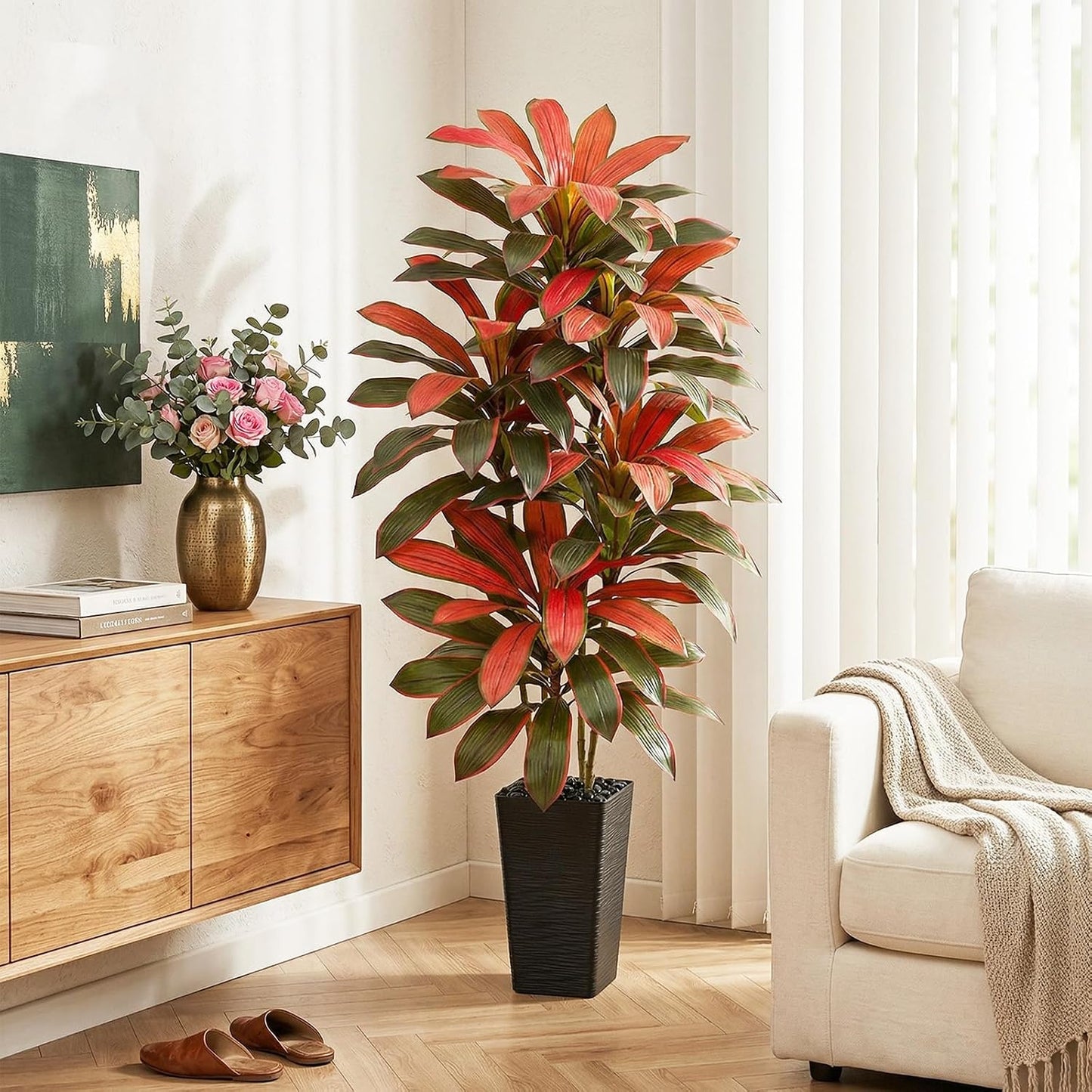 Artificial Dracaena Tree - 5FT Tall Fake Plants with White Tall Planter - Artificial Plants Indoor Floor Plant in Pot - Large Tropical Fake Yucca Potted Tree for Home Office Living Room Decor