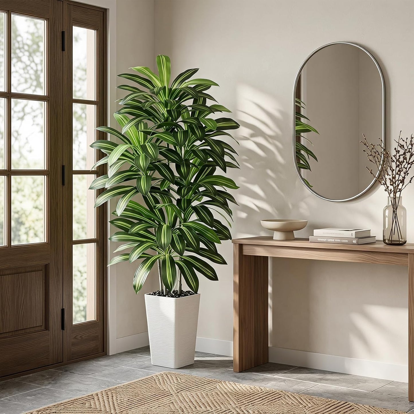 Artificial Dracaena Tree - 5FT Tall Fake Plants with White Tall Planter - Artificial Plants Indoor Floor Plant in Pot - Large Tropical Fake Yucca Potted Tree for Home Office Living Room Decor