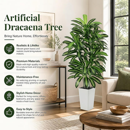 Artificial Dracaena Tree - 5FT Tall Fake Plants with White Tall Planter - Artificial Plants Indoor Floor Plant in Pot - Large Tropical Fake Yucca Potted Tree for Home Office Living Room Decor