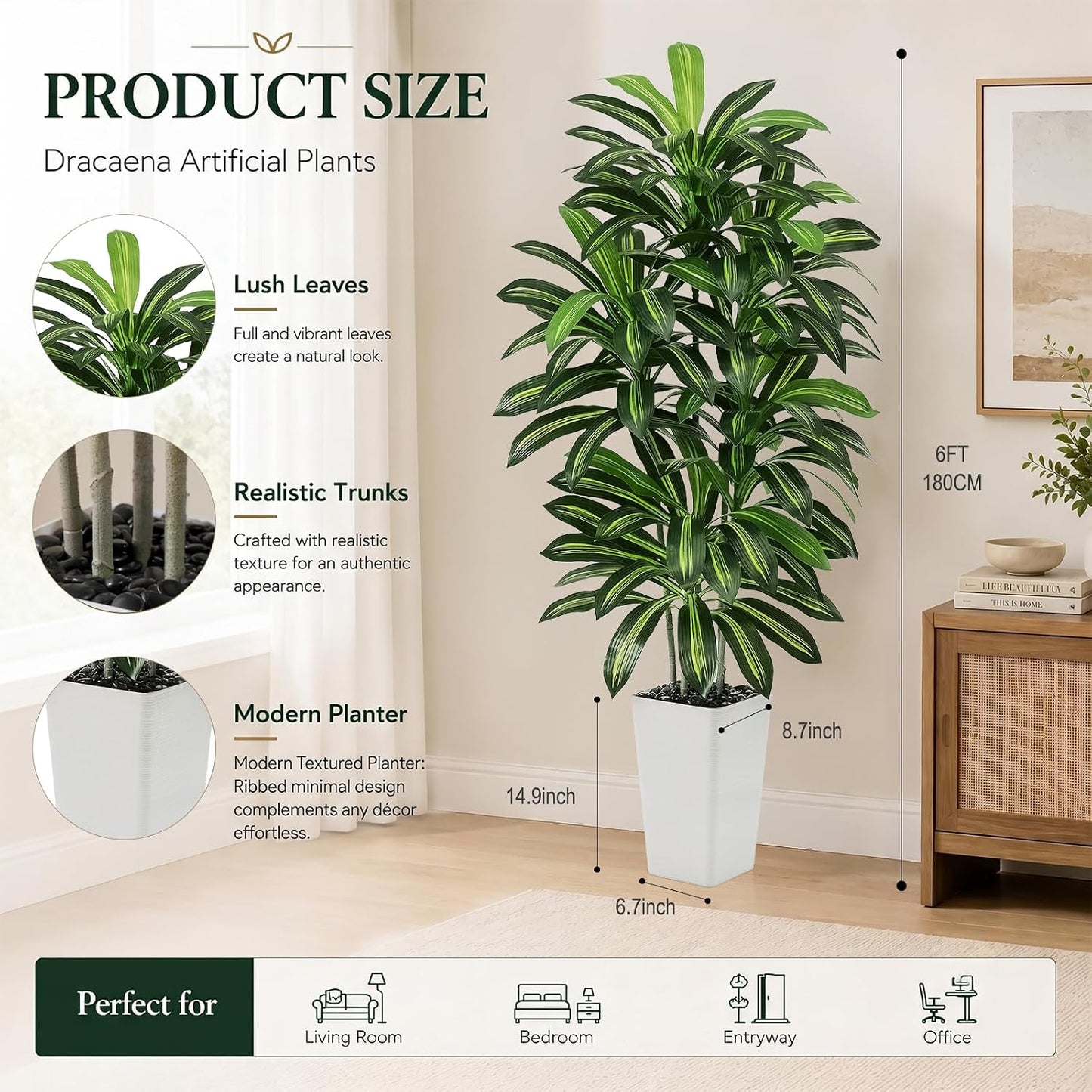Artificial Dracaena Tree - 5FT Tall Fake Plants with White Tall Planter - Artificial Plants Indoor Floor Plant in Pot - Large Tropical Fake Yucca Potted Tree for Home Office Living Room Decor