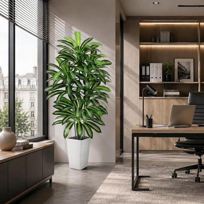 Artificial Dracaena Tree - 5FT Tall Fake Plants with White Tall Planter - Artificial Plants Indoor Floor Plant in Pot - Large Tropical Fake Yucca Potted Tree for Home Office Living Room Decor