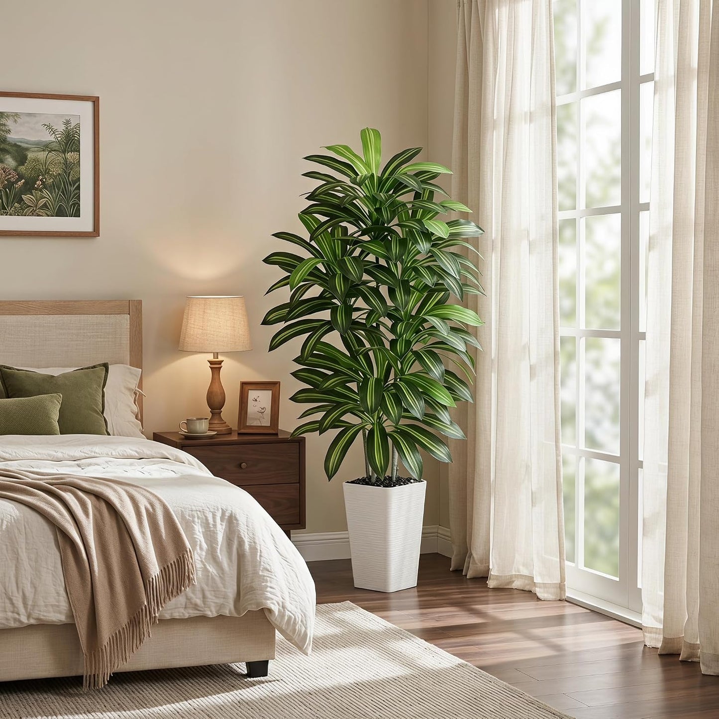 Artificial Dracaena Tree - 5FT Tall Fake Plants with White Tall Planter - Artificial Plants Indoor Floor Plant in Pot - Large Tropical Fake Yucca Potted Tree for Home Office Living Room Decor