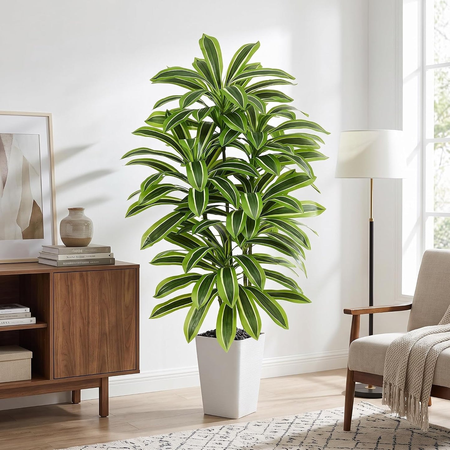 Artificial Dracaena Tree - 5FT Tall Fake Plants with White Tall Planter - Artificial Plants Indoor Floor Plant in Pot - Large Tropical Fake Yucca Potted Tree for Home Office Living Room Decor