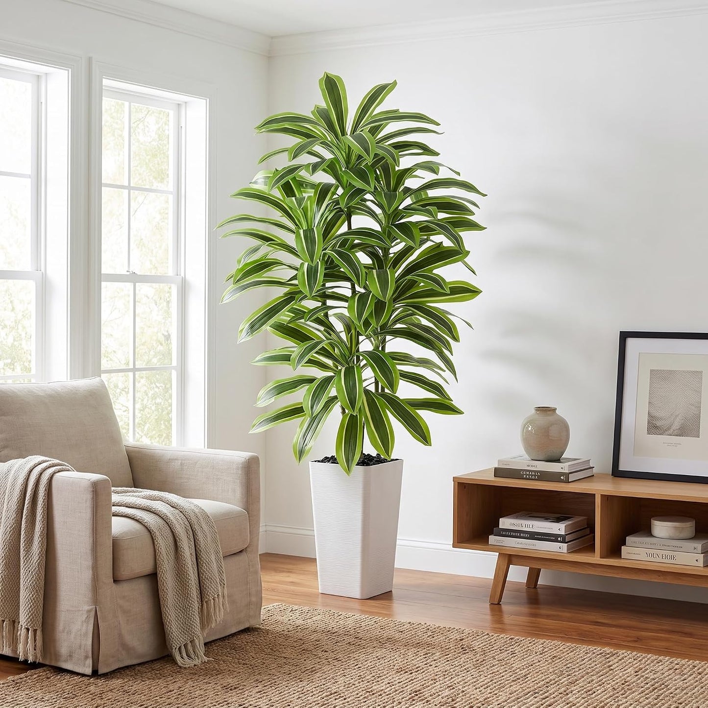 Artificial Dracaena Tree - 5FT Tall Fake Plants with White Tall Planter - Artificial Plants Indoor Floor Plant in Pot - Large Tropical Fake Yucca Potted Tree for Home Office Living Room Decor