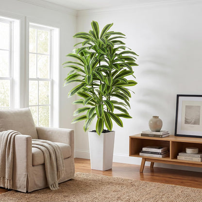 Artificial Dracaena Tree - 5FT Tall Fake Plants with White Tall Planter - Artificial Plants Indoor Floor Plant in Pot - Large Tropical Fake Yucca Potted Tree for Home Office Living Room Decor
