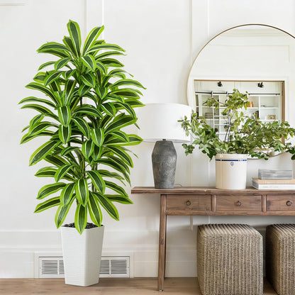 Artificial Dracaena Tree - 5FT Tall Fake Plants with White Tall Planter - Artificial Plants Indoor Floor Plant in Pot - Large Tropical Fake Yucca Potted Tree for Home Office Living Room Decor