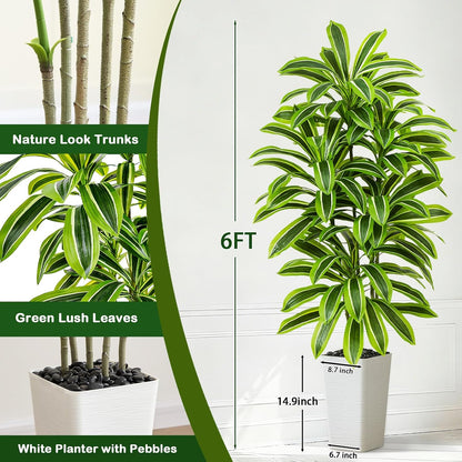 Artificial Dracaena Tree - 5FT Tall Fake Plants with White Tall Planter - Artificial Plants Indoor Floor Plant in Pot - Large Tropical Fake Yucca Potted Tree for Home Office Living Room Decor