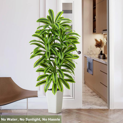 Artificial Dracaena Tree - 5FT Tall Fake Plants with White Tall Planter - Artificial Plants Indoor Floor Plant in Pot - Large Tropical Fake Yucca Potted Tree for Home Office Living Room Decor