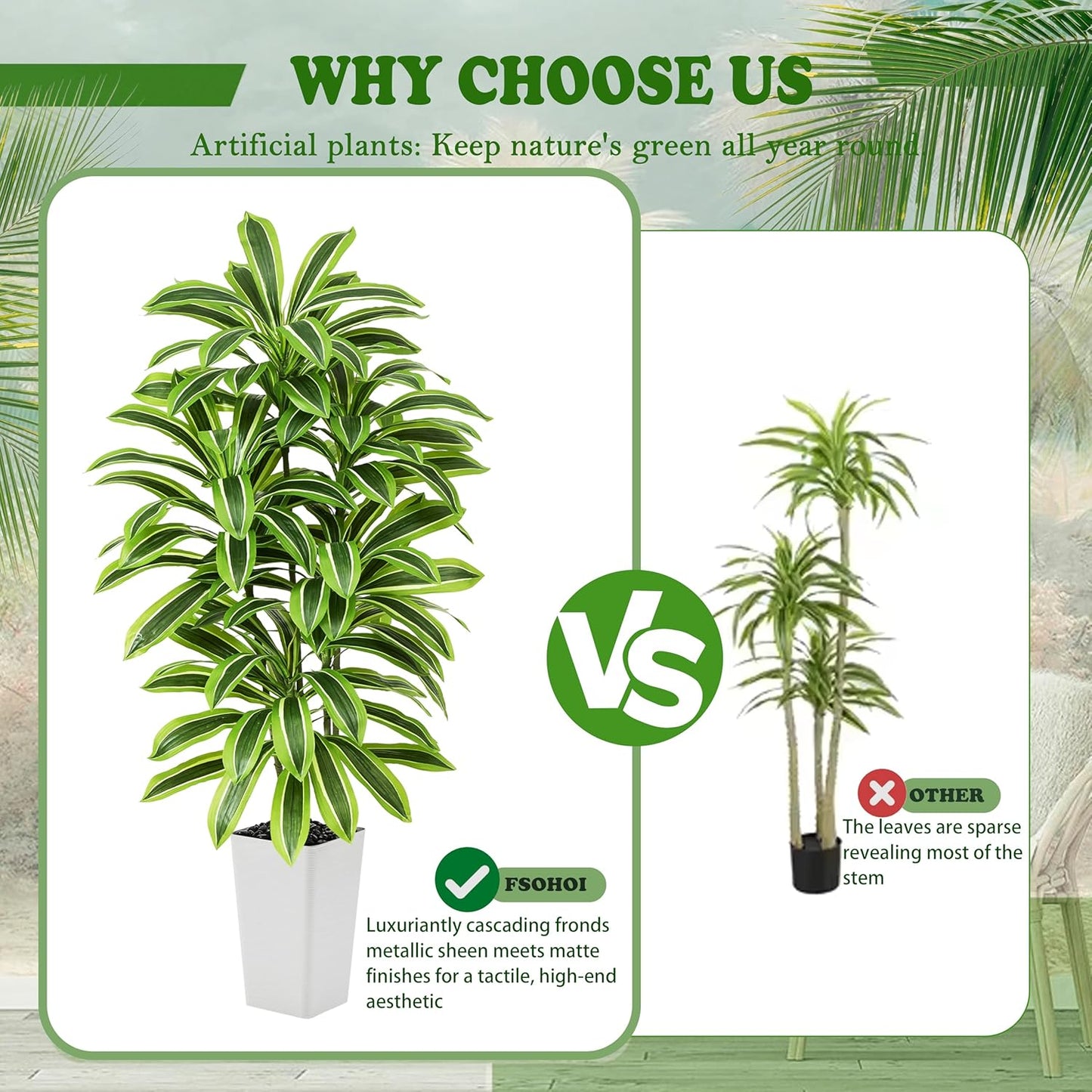 Artificial Dracaena Tree - 5FT Tall Fake Plants with White Tall Planter - Artificial Plants Indoor Floor Plant in Pot - Large Tropical Fake Yucca Potted Tree for Home Office Living Room Decor