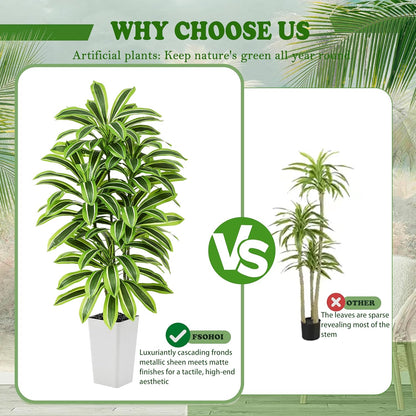 Artificial Dracaena Tree - 5FT Tall Fake Plants with White Tall Planter - Artificial Plants Indoor Floor Plant in Pot - Large Tropical Fake Yucca Potted Tree for Home Office Living Room Decor