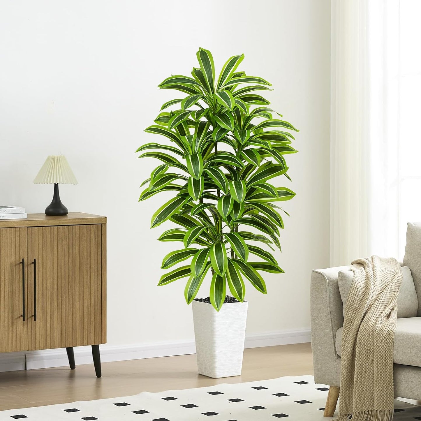 Artificial Dracaena Tree - 5FT Tall Fake Plants with White Tall Planter - Artificial Plants Indoor Floor Plant in Pot - Large Tropical Fake Yucca Potted Tree for Home Office Living Room Decor
