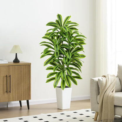 Artificial Dracaena Tree - 5FT Tall Fake Plants with White Tall Planter - Artificial Plants Indoor Floor Plant in Pot - Large Tropical Fake Yucca Potted Tree for Home Office Living Room Decor