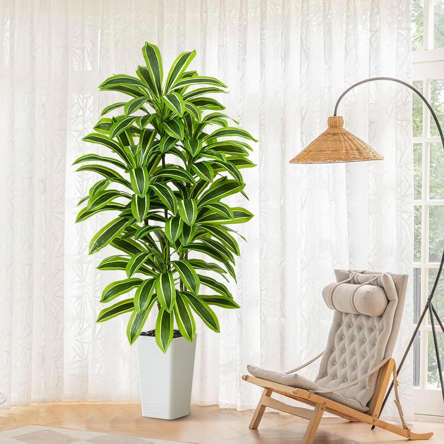 Artificial Dracaena Tree - 5FT Tall Fake Plants with White Tall Planter - Artificial Plants Indoor Floor Plant in Pot - Large Tropical Fake Yucca Potted Tree for Home Office Living Room Decor