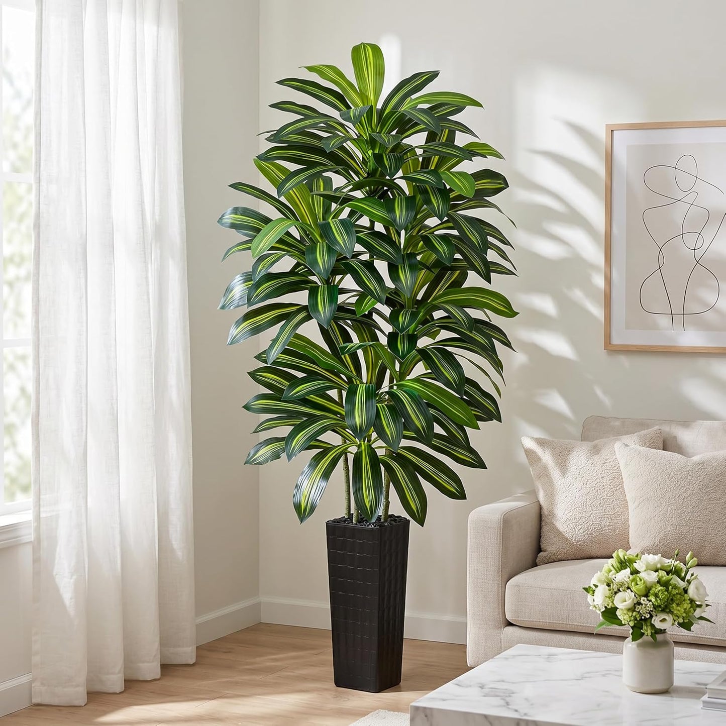 Artificial Dracaena Tree - 5FT Tall Fake Plants with White Tall Planter - Artificial Plants Indoor Floor Plant in Pot - Large Tropical Fake Yucca Potted Tree for Home Office Living Room Decor