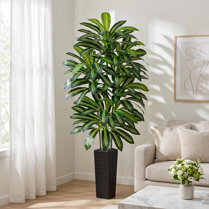 Artificial Dracaena Tree - 5FT Tall Fake Plants with White Tall Planter - Artificial Plants Indoor Floor Plant in Pot - Large Tropical Fake Yucca Potted Tree for Home Office Living Room Decor
