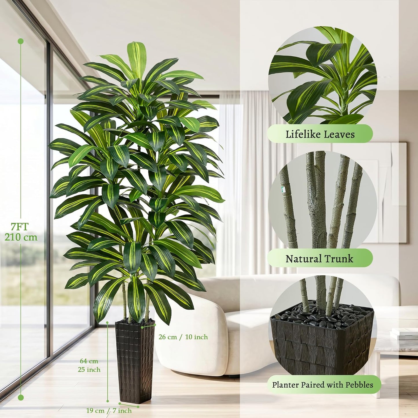 Artificial Dracaena Tree - 5FT Tall Fake Plants with White Tall Planter - Artificial Plants Indoor Floor Plant in Pot - Large Tropical Fake Yucca Potted Tree for Home Office Living Room Decor