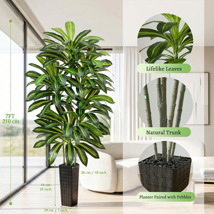 Artificial Dracaena Tree - 5FT Tall Fake Plants with White Tall Planter - Artificial Plants Indoor Floor Plant in Pot - Large Tropical Fake Yucca Potted Tree for Home Office Living Room Decor