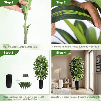 Artificial Dracaena Tree - 5FT Tall Fake Plants with White Tall Planter - Artificial Plants Indoor Floor Plant in Pot - Large Tropical Fake Yucca Potted Tree for Home Office Living Room Decor