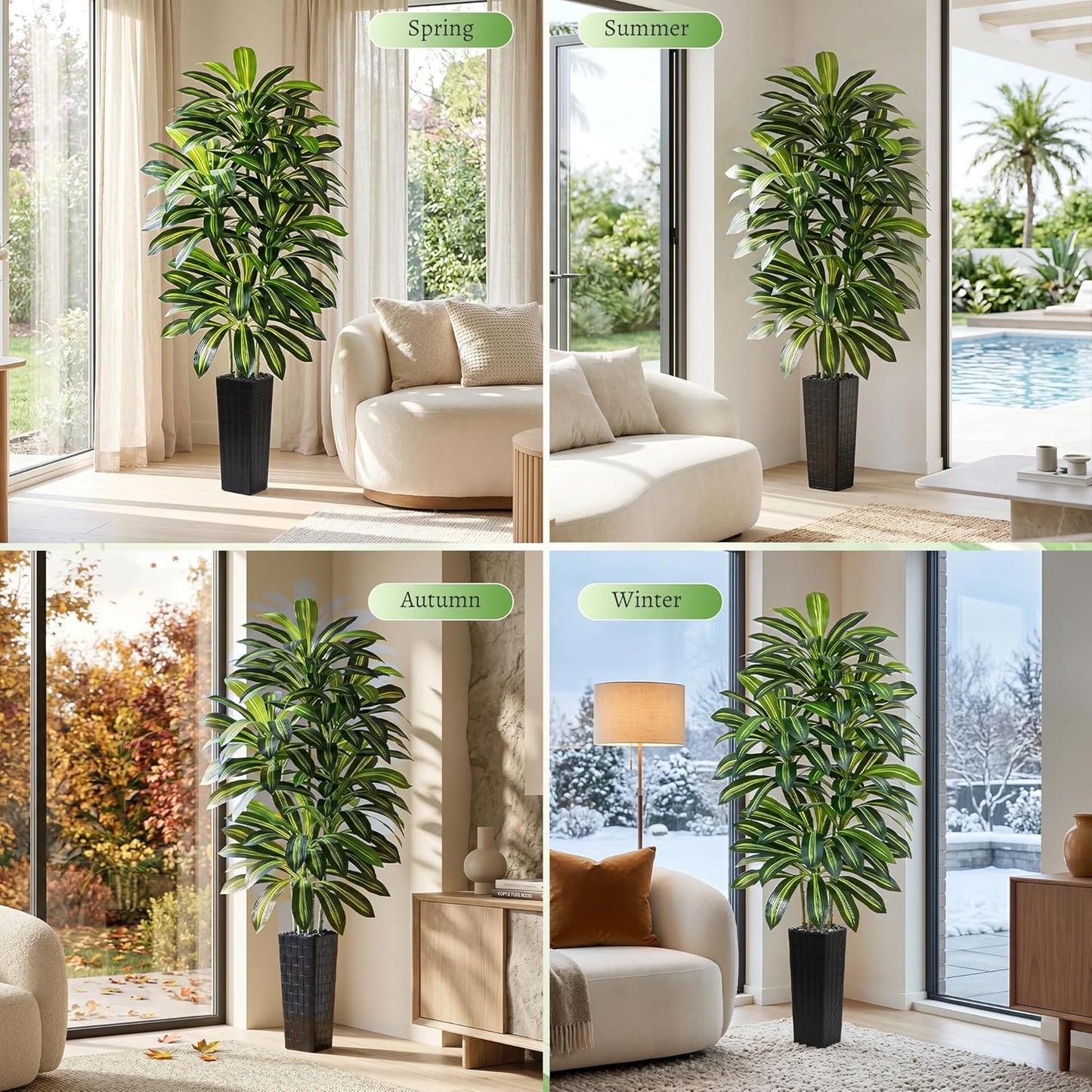 Artificial Dracaena Tree - 5FT Tall Fake Plants with White Tall Planter - Artificial Plants Indoor Floor Plant in Pot - Large Tropical Fake Yucca Potted Tree for Home Office Living Room Decor