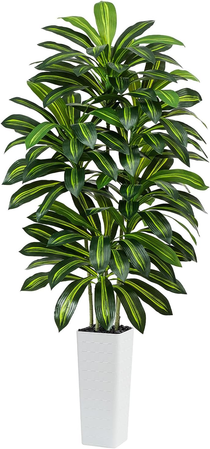 Artificial Dracaena Tree - 5FT Tall Fake Plants with White Tall Planter - Artificial Plants Indoor Floor Plant in Pot - Large Tropical Fake Yucca Potted Tree for Home Office Living Room Decor