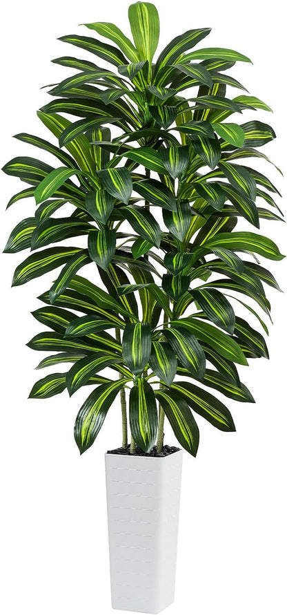 Artificial Dracaena Tree - 5FT Tall Fake Plants with White Tall Planter - Artificial Plants Indoor Floor Plant in Pot - Large Tropical Fake Yucca Potted Tree for Home Office Living Room Decor