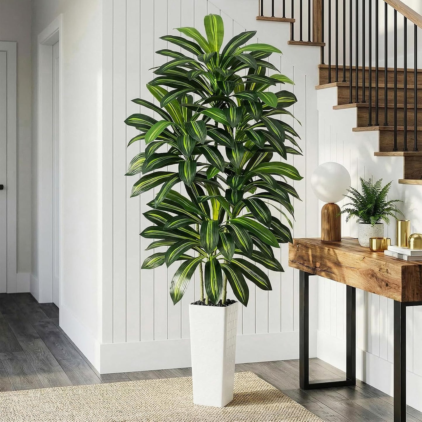 Artificial Dracaena Tree - 5FT Tall Fake Plants with White Tall Planter - Artificial Plants Indoor Floor Plant in Pot - Large Tropical Fake Yucca Potted Tree for Home Office Living Room Decor