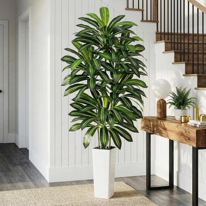 Artificial Dracaena Tree - 5FT Tall Fake Plants with White Tall Planter - Artificial Plants Indoor Floor Plant in Pot - Large Tropical Fake Yucca Potted Tree for Home Office Living Room Decor