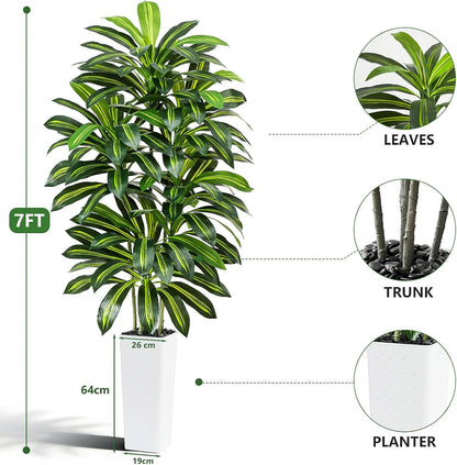 Artificial Dracaena Tree - 5FT Tall Fake Plants with White Tall Planter - Artificial Plants Indoor Floor Plant in Pot - Large Tropical Fake Yucca Potted Tree for Home Office Living Room Decor
