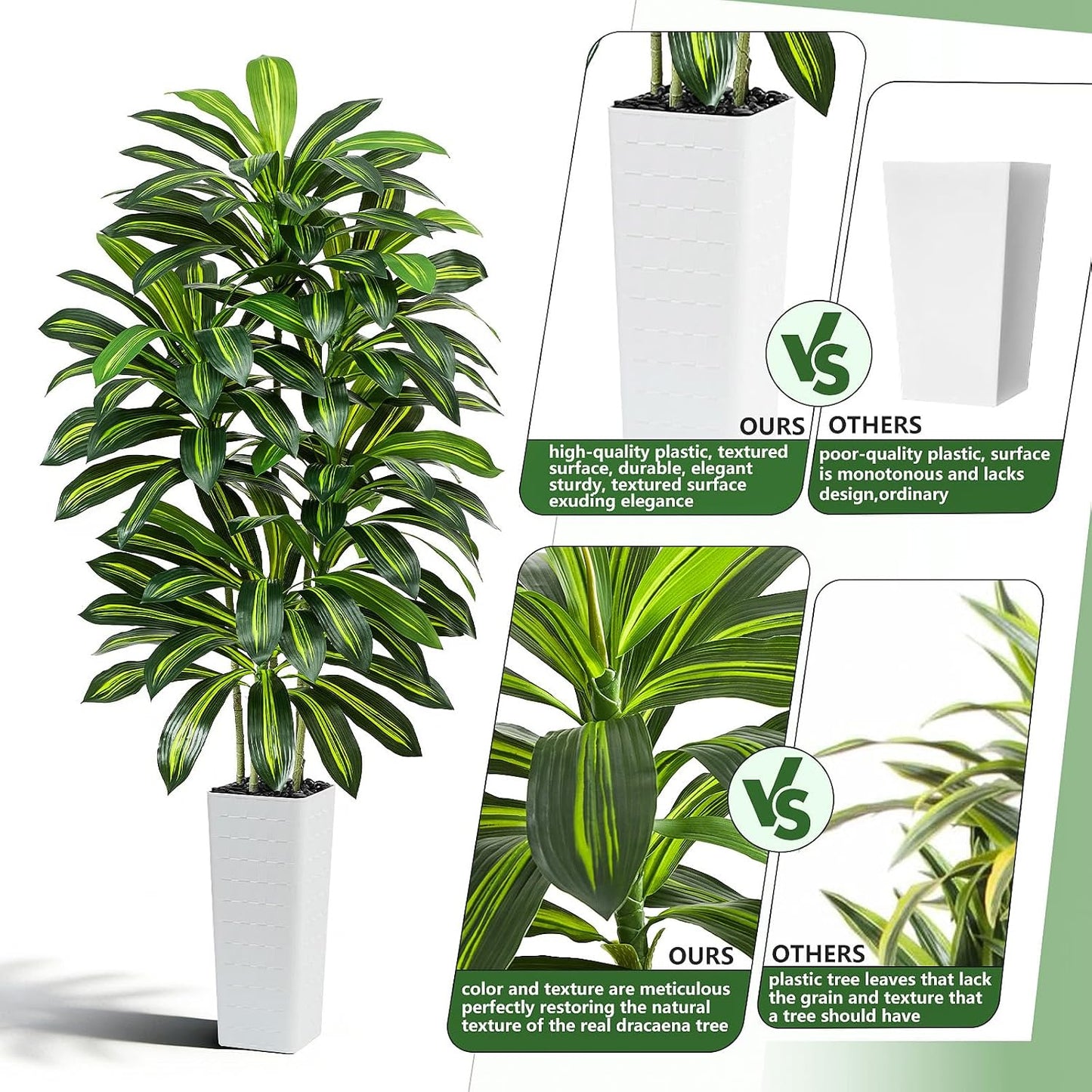 Artificial Dracaena Tree - 5FT Tall Fake Plants with White Tall Planter - Artificial Plants Indoor Floor Plant in Pot - Large Tropical Fake Yucca Potted Tree for Home Office Living Room Decor