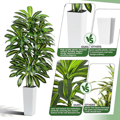 Artificial Dracaena Tree - 5FT Tall Fake Plants with White Tall Planter - Artificial Plants Indoor Floor Plant in Pot - Large Tropical Fake Yucca Potted Tree for Home Office Living Room Decor