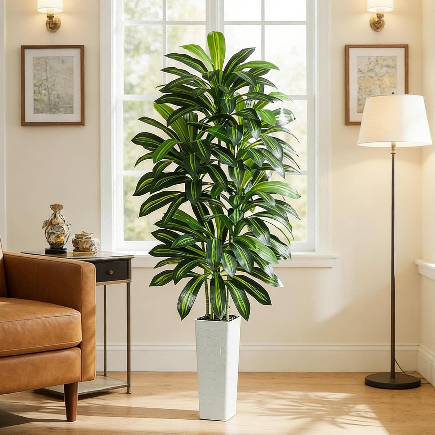 Artificial Dracaena Tree - 5FT Tall Fake Plants with White Tall Planter - Artificial Plants Indoor Floor Plant in Pot - Large Tropical Fake Yucca Potted Tree for Home Office Living Room Decor