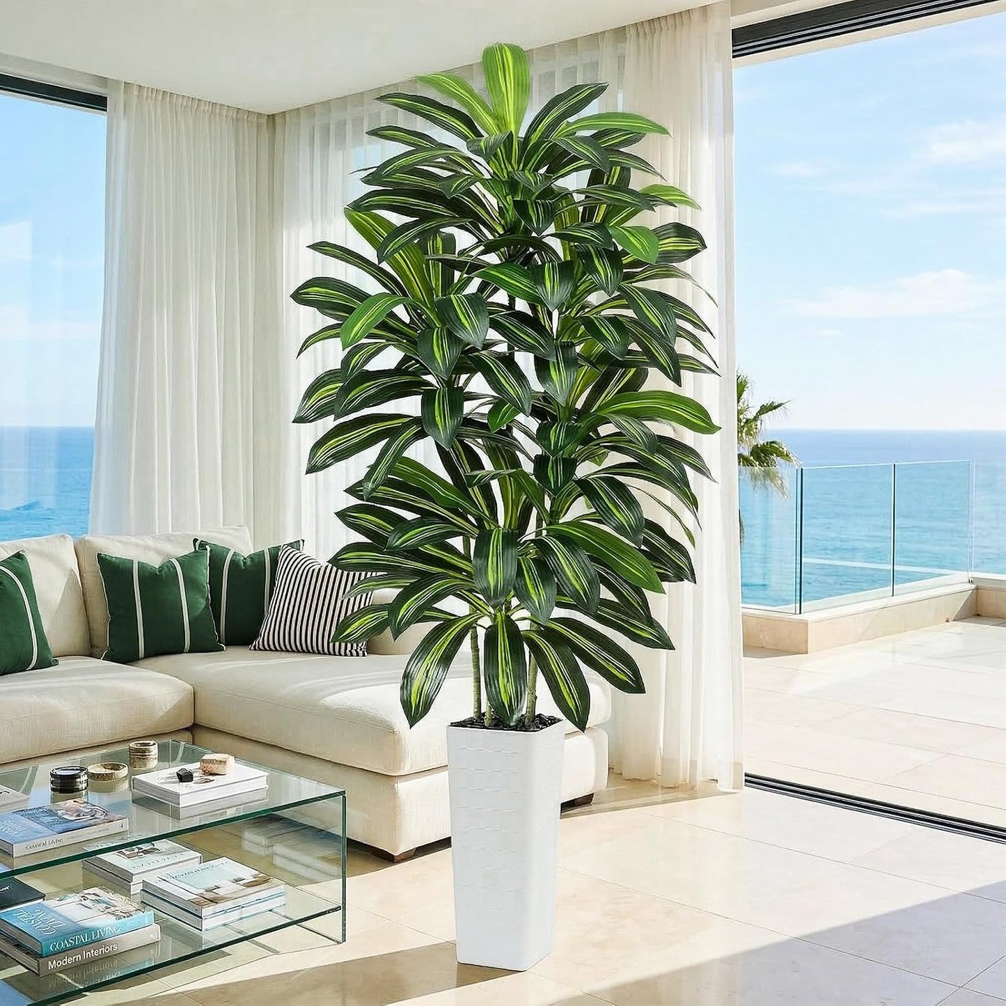 Artificial Dracaena Tree - 5FT Tall Fake Plants with White Tall Planter - Artificial Plants Indoor Floor Plant in Pot - Large Tropical Fake Yucca Potted Tree for Home Office Living Room Decor