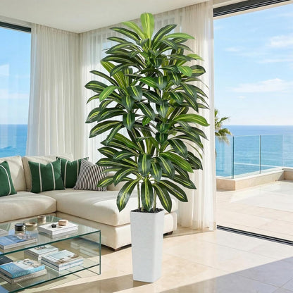 Artificial Dracaena Tree - 5FT Tall Fake Plants with White Tall Planter - Artificial Plants Indoor Floor Plant in Pot - Large Tropical Fake Yucca Potted Tree for Home Office Living Room Decor