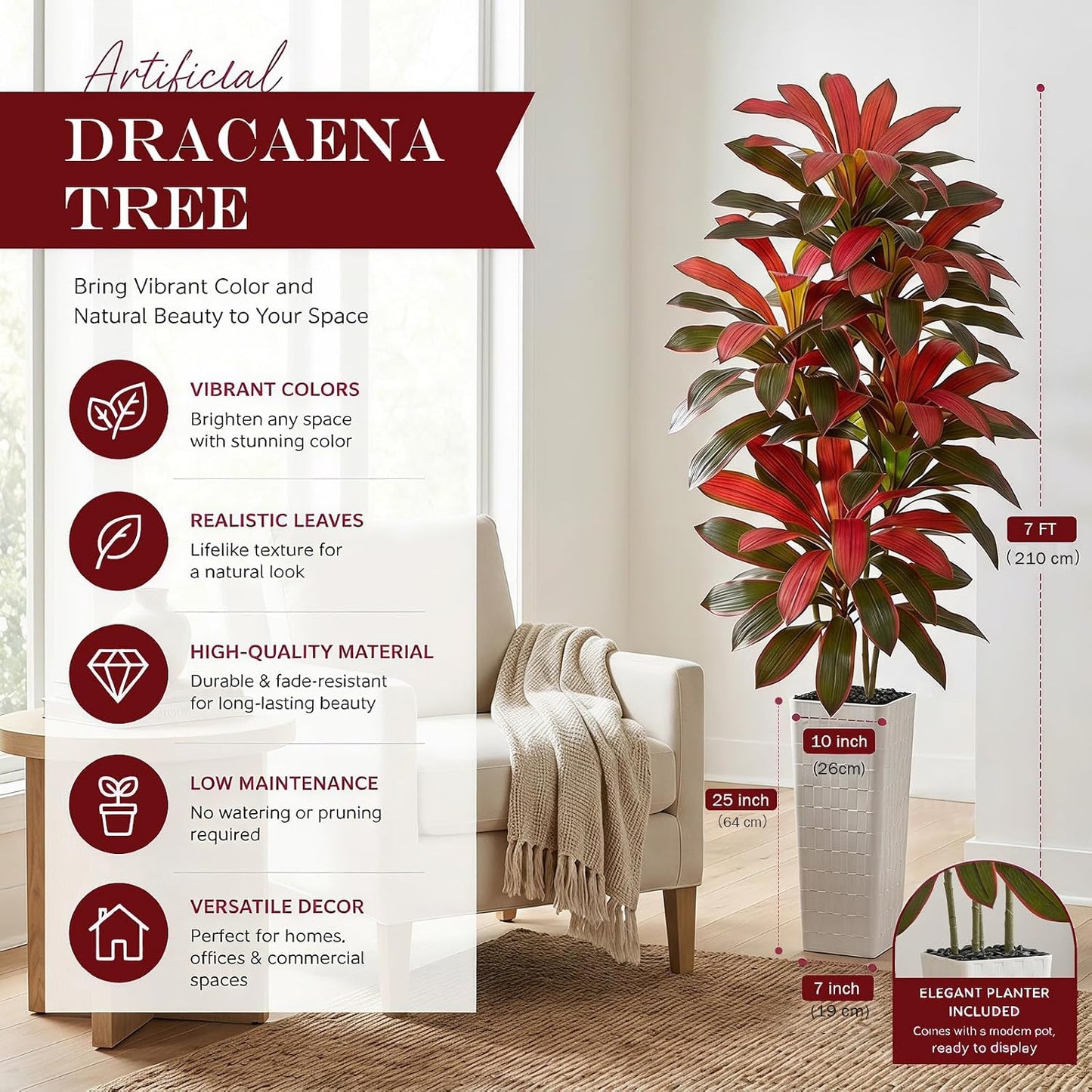 Artificial Dracaena Tree - 5FT Tall Fake Plants with White Tall Planter - Artificial Plants Indoor Floor Plant in Pot - Large Tropical Fake Yucca Potted Tree for Home Office Living Room Decor