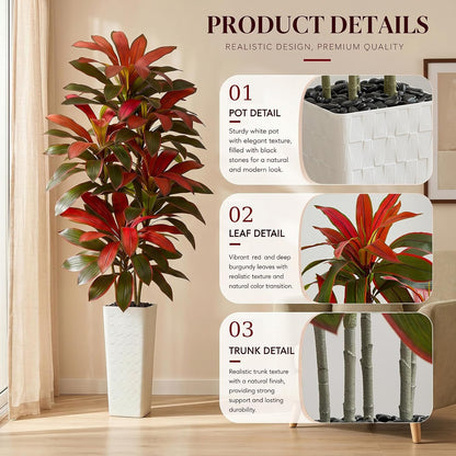 Artificial Dracaena Tree - 5FT Tall Fake Plants with White Tall Planter - Artificial Plants Indoor Floor Plant in Pot - Large Tropical Fake Yucca Potted Tree for Home Office Living Room Decor