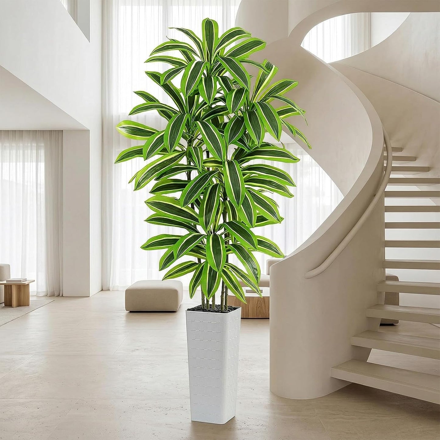 Artificial Dracaena Tree - 5FT Tall Fake Plants with White Tall Planter - Artificial Plants Indoor Floor Plant in Pot - Large Tropical Fake Yucca Potted Tree for Home Office Living Room Decor